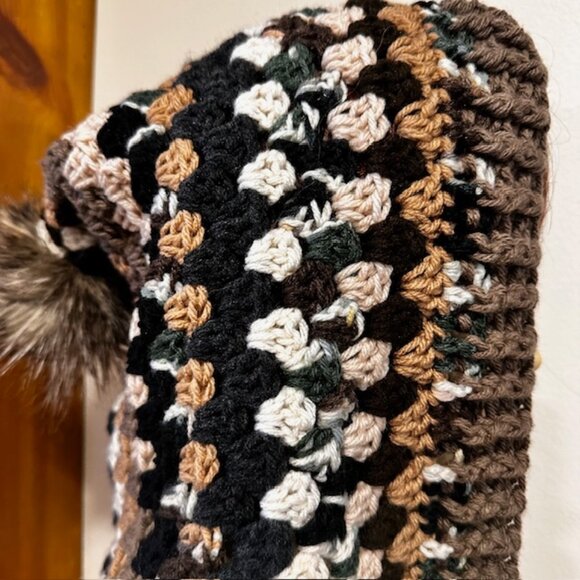 Hand Knit / Crochet Granny Style Hoodie with ties & faux fur pom pom for winte - Picture 8 of 10